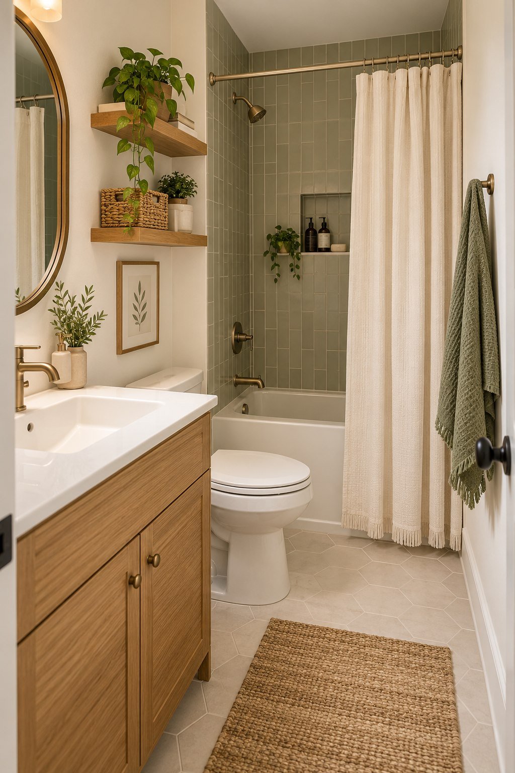 Sage and ivory bathroom palette with wood vanity accents