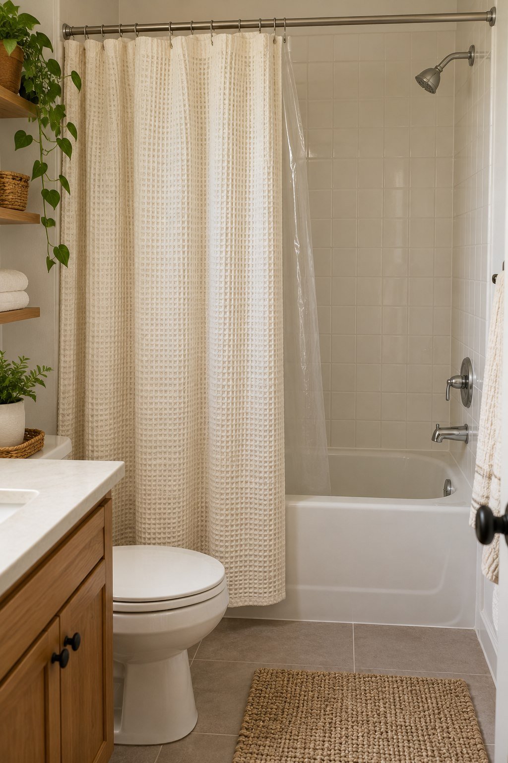 Ivory shower curtain around a standard apartment bathtub