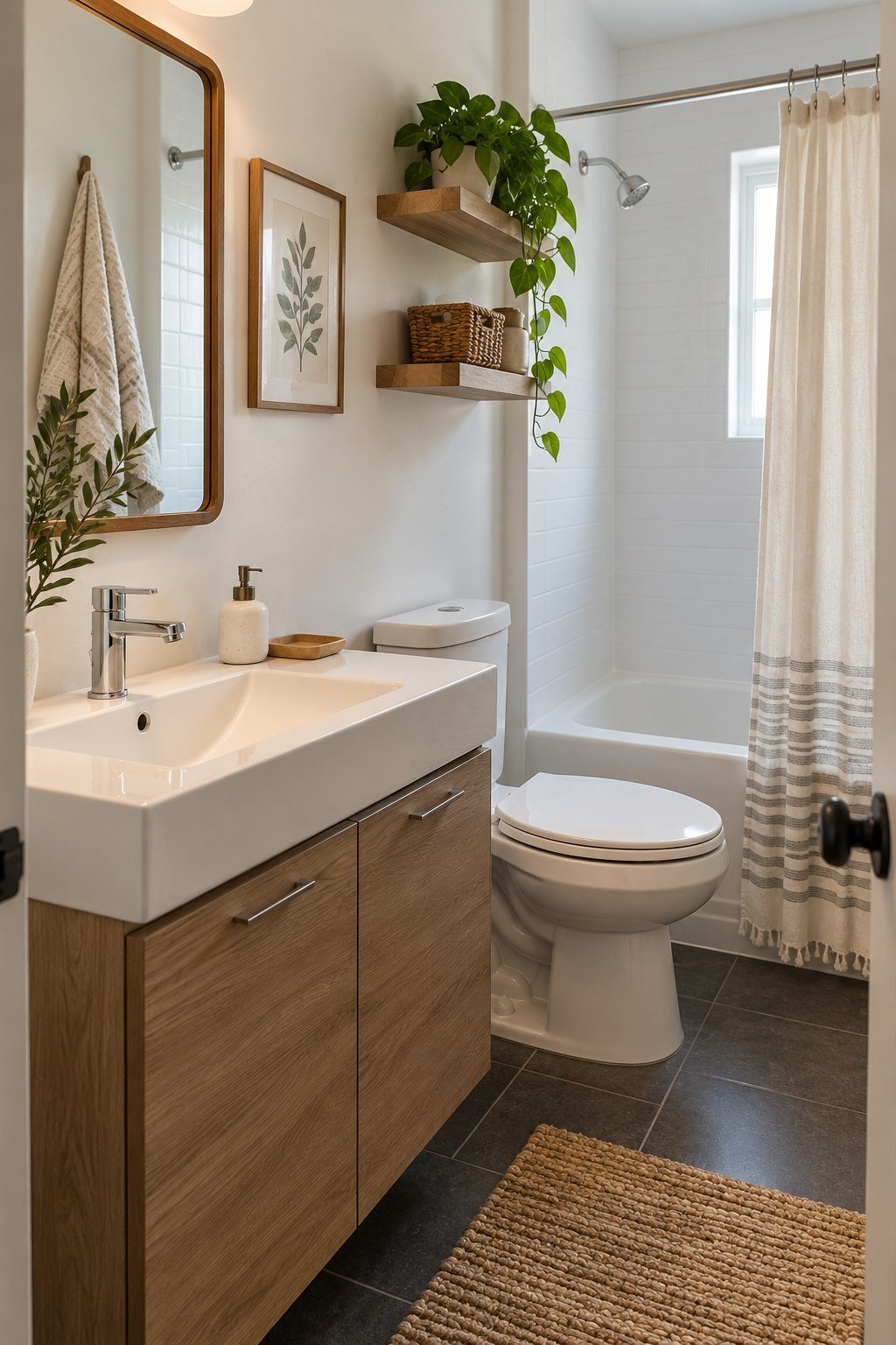Simple soap pump and tray on a compact bathroom sink