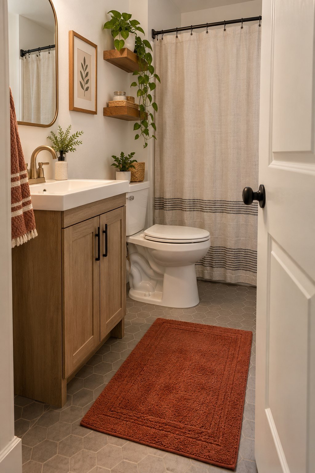 Rust bath mat in a small rental bathroom with clear floor space