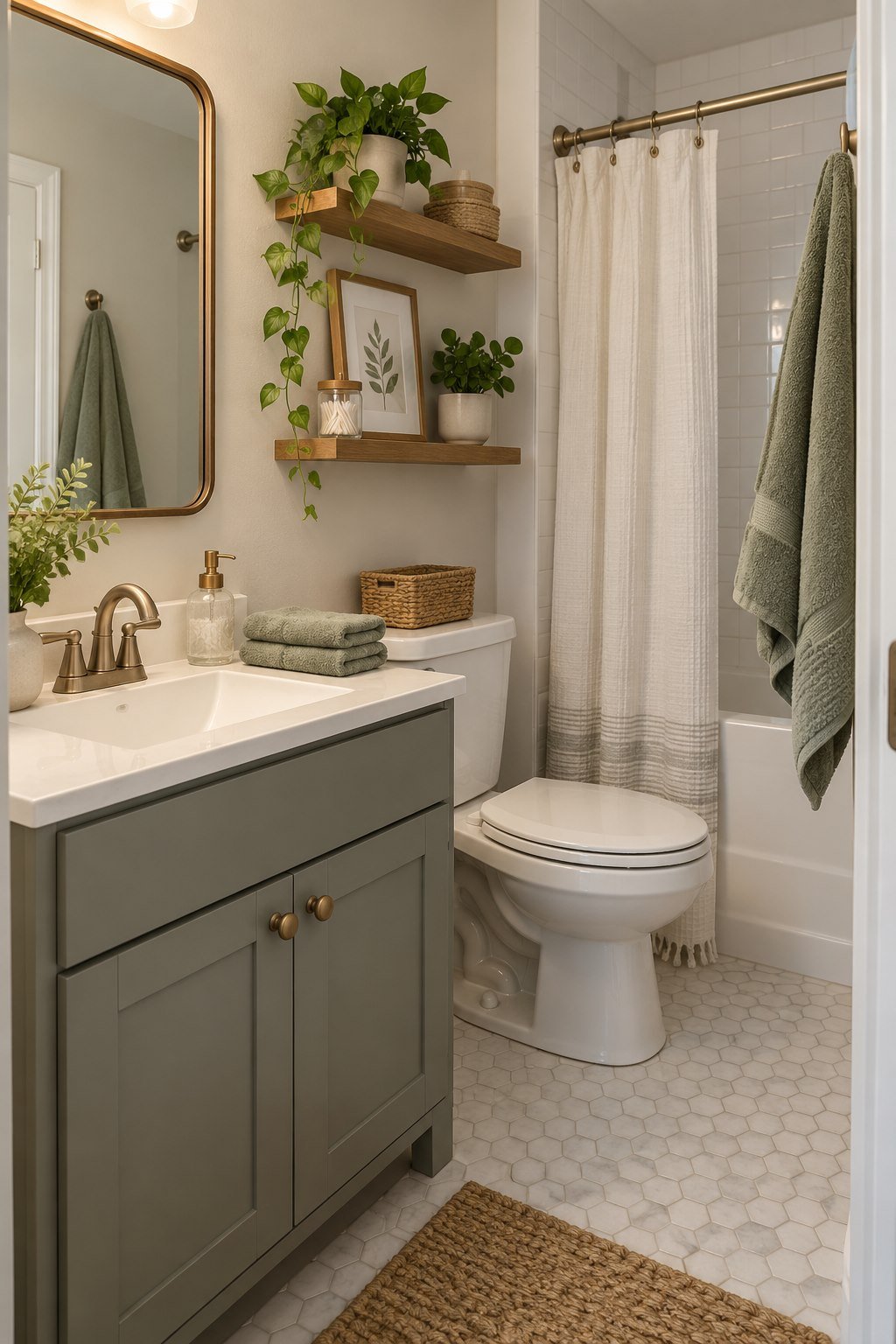 Coordinated sage towels in a compact bathroom