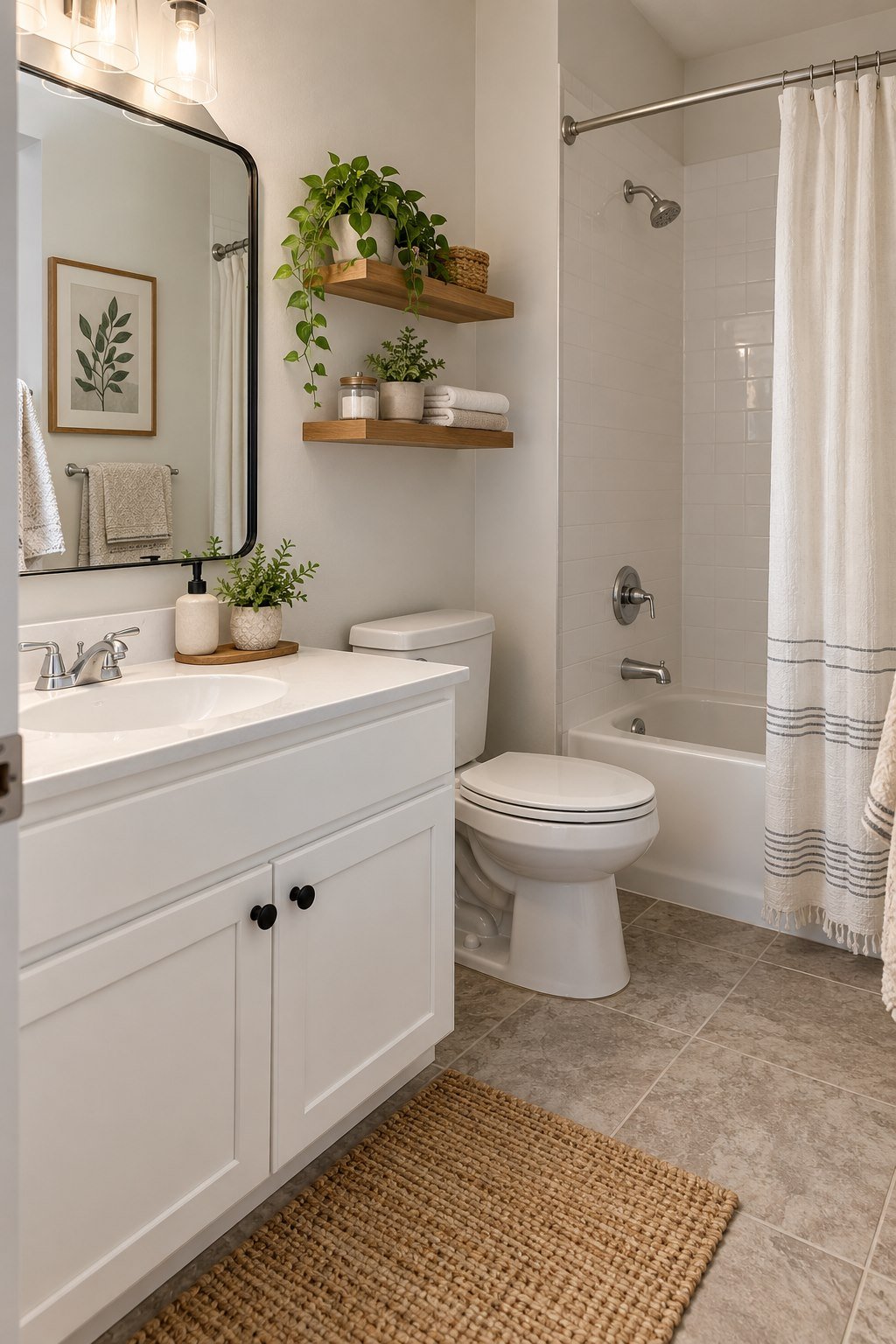 White bathroom vanity with simple dark cabinet knobs