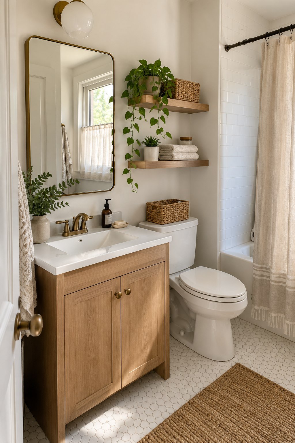 Mirror reflecting daylight in a small neutral bathroom