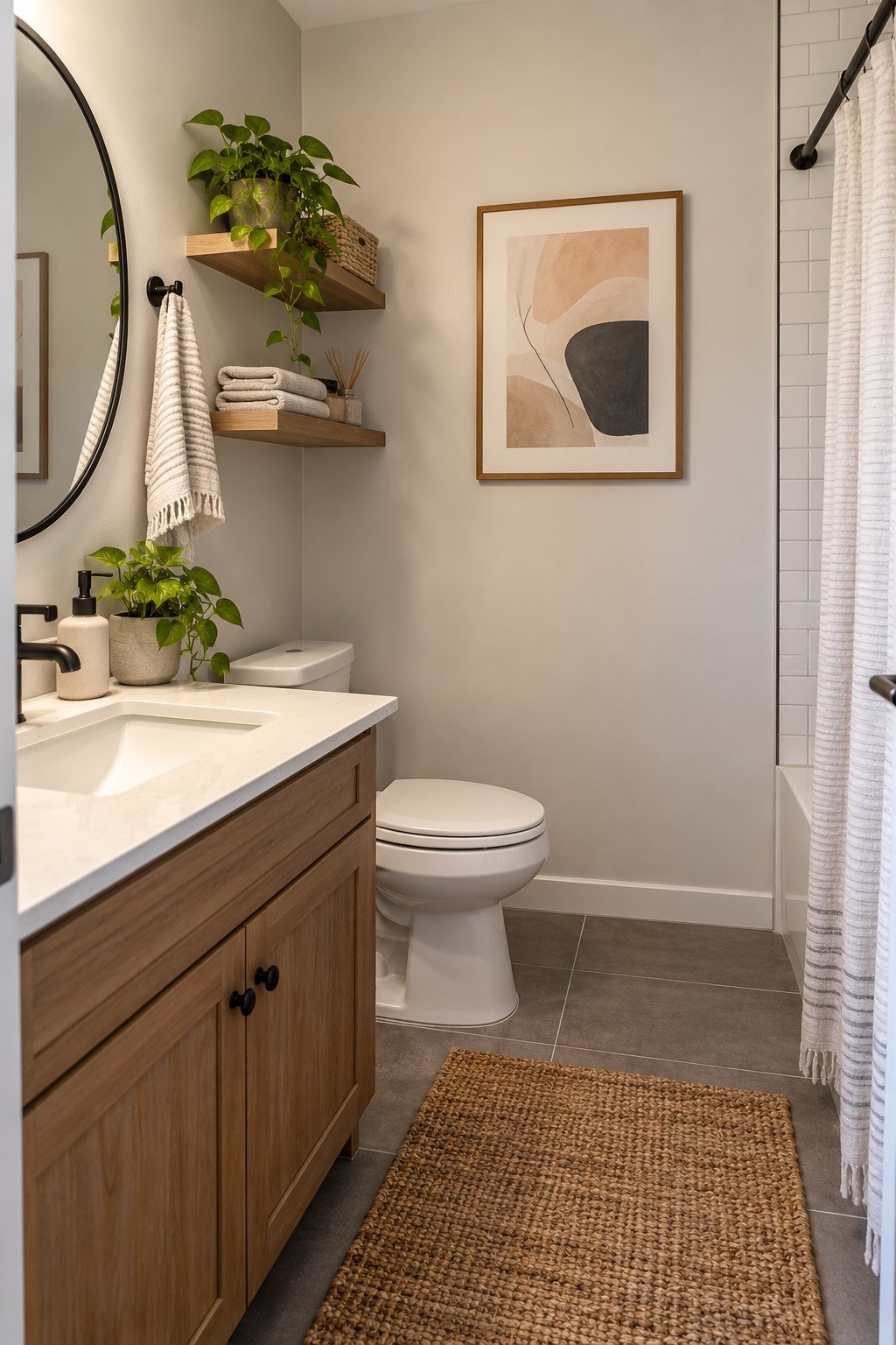 Single abstract framed print on a dry bathroom wall