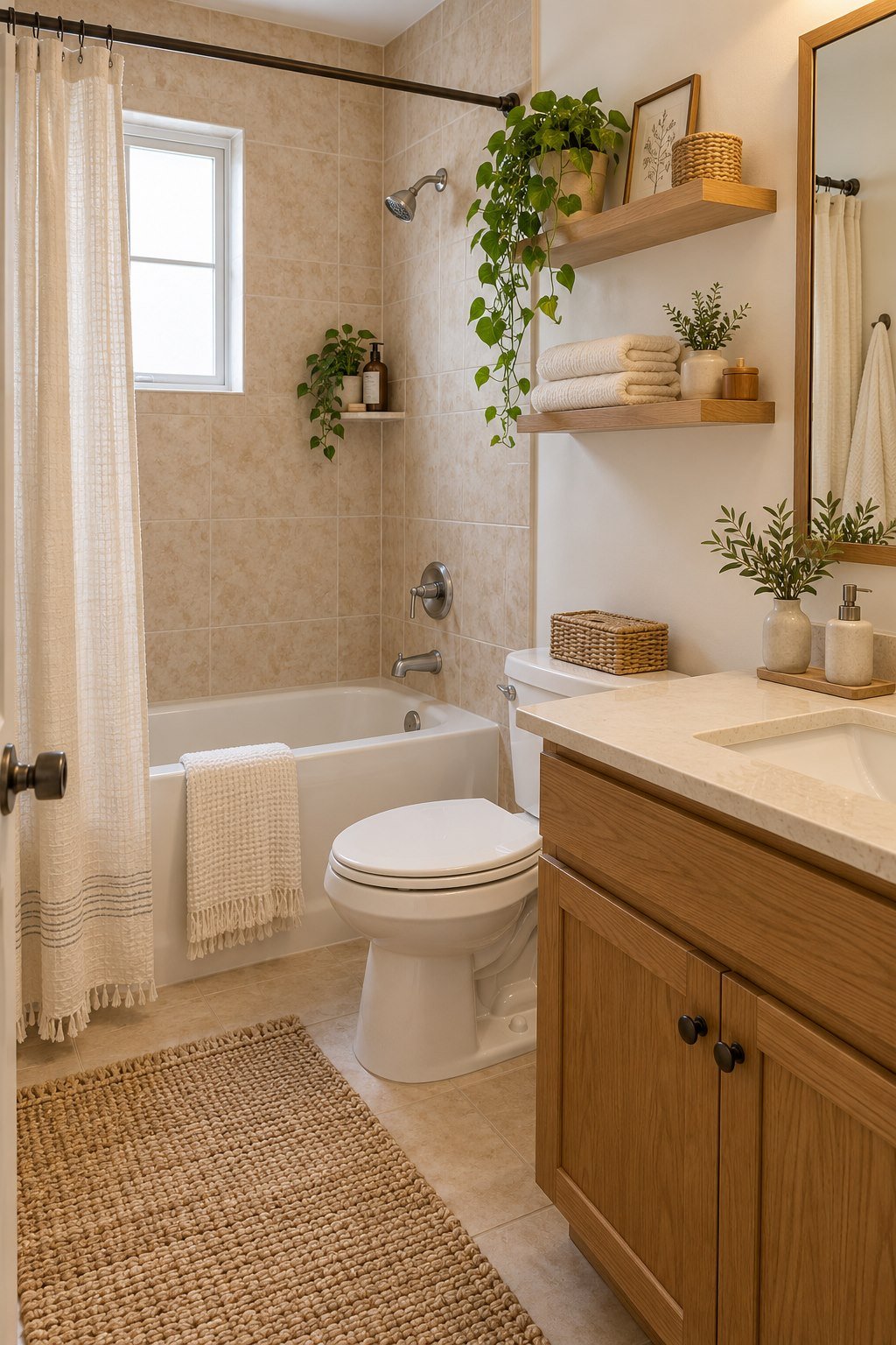 Beige rental tile with cream linens and wood accents