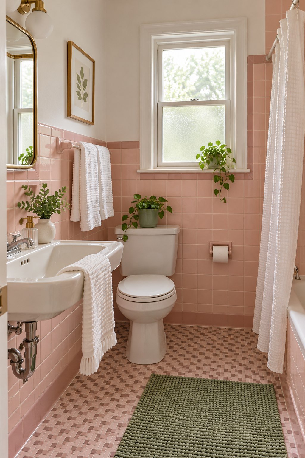 Vintage pink bathroom tile with white towels and green accents