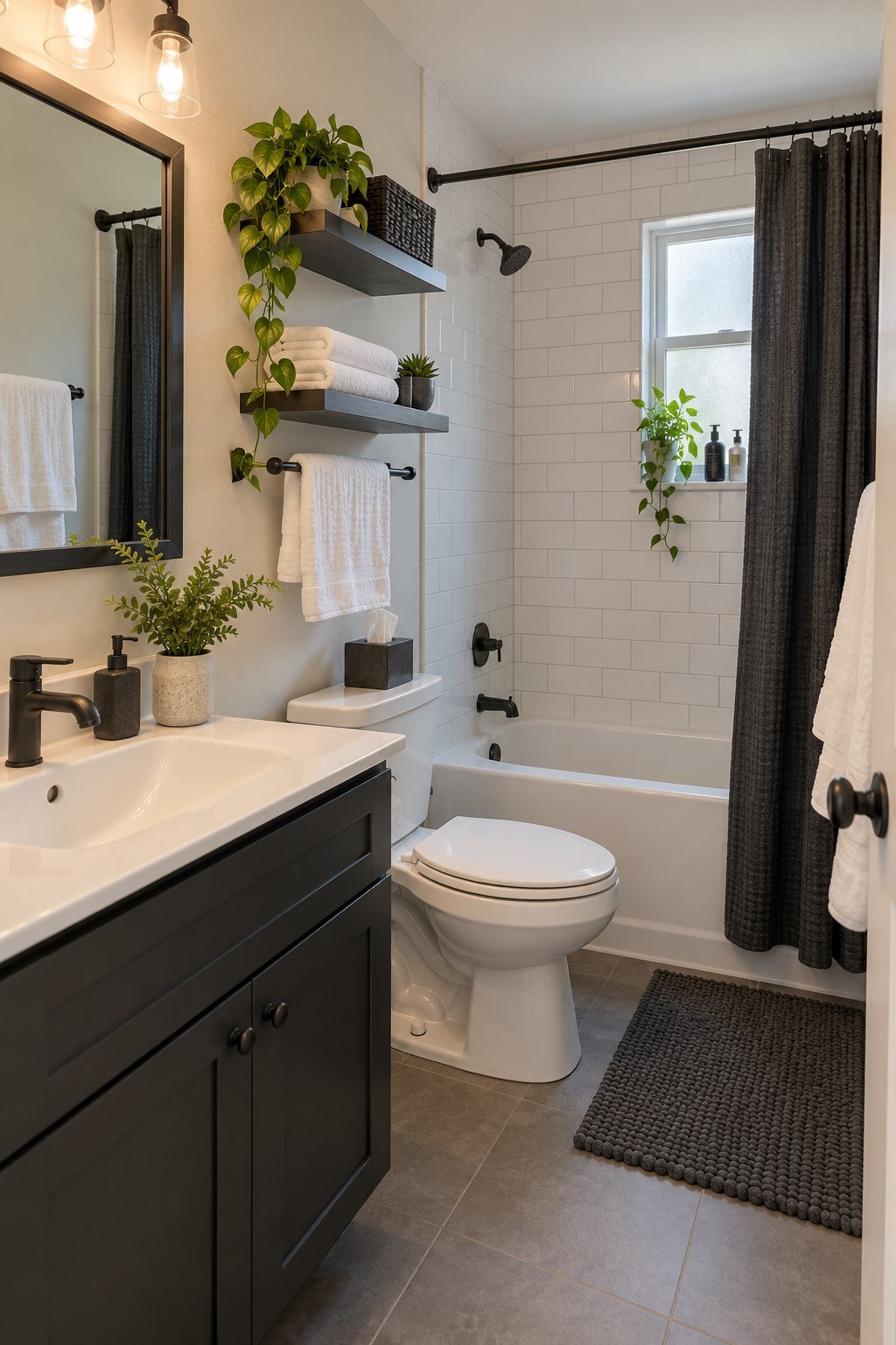 Charcoal accessories and white towels in a compact bathroom