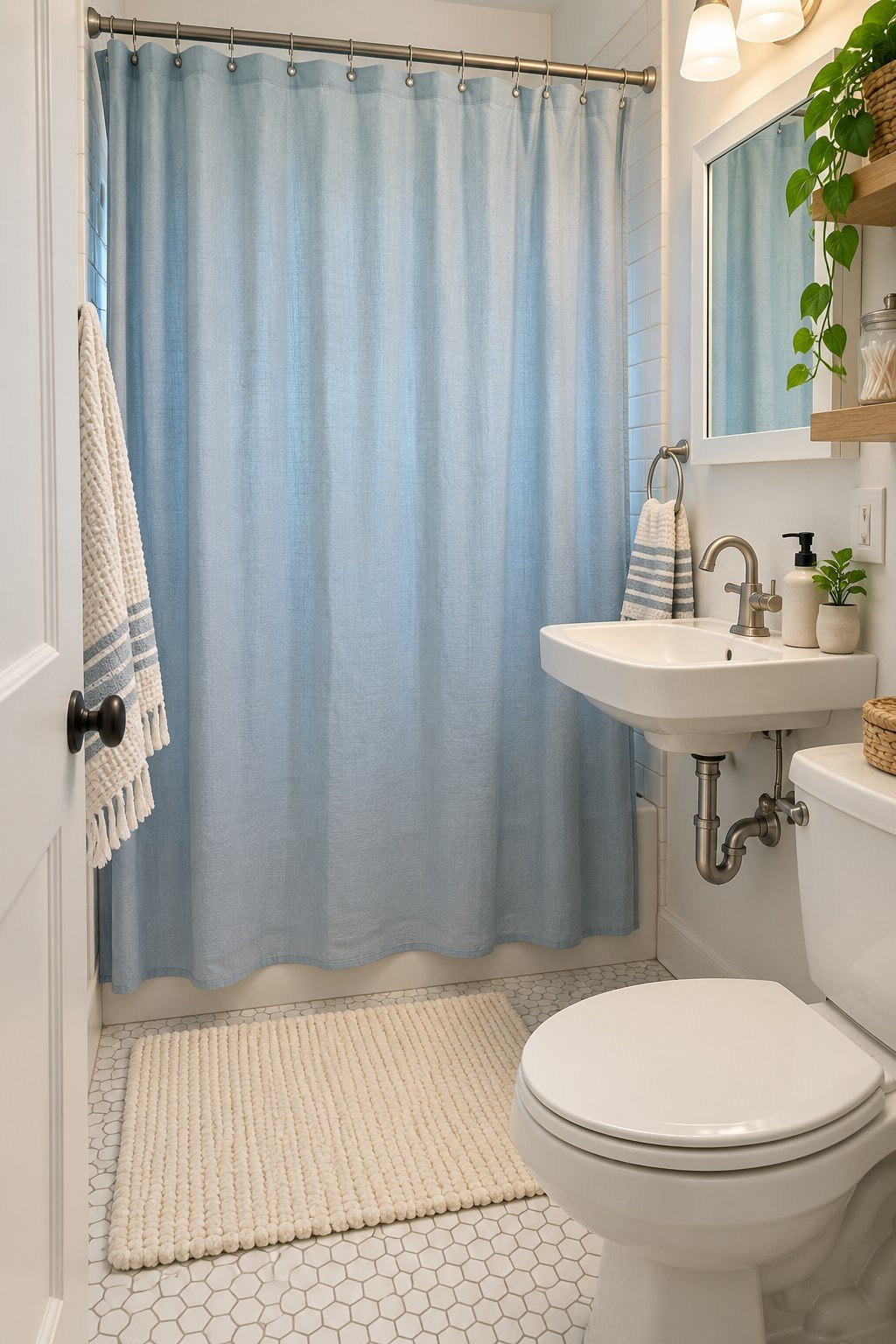Pale blue shower curtain with cream bath textiles