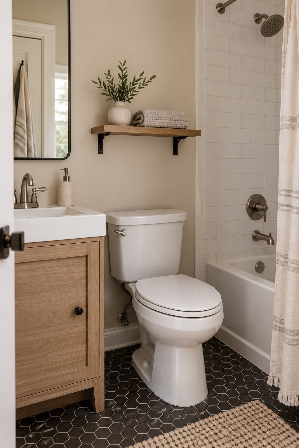 Small dry shelf with a folded towel and ceramic accent