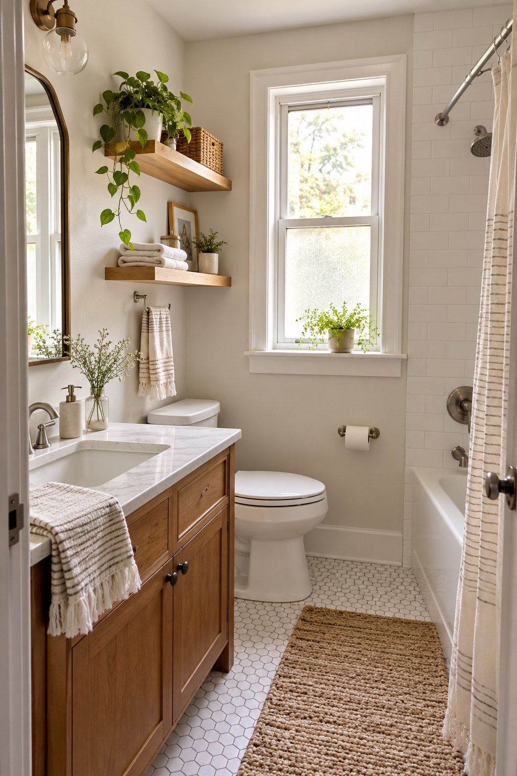 Small bathroom with natural window light and a potted plant