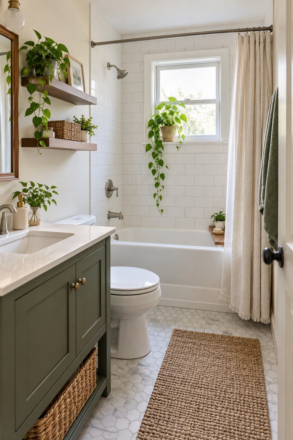 Open shower curtain allowing daylight into a compact bathroom