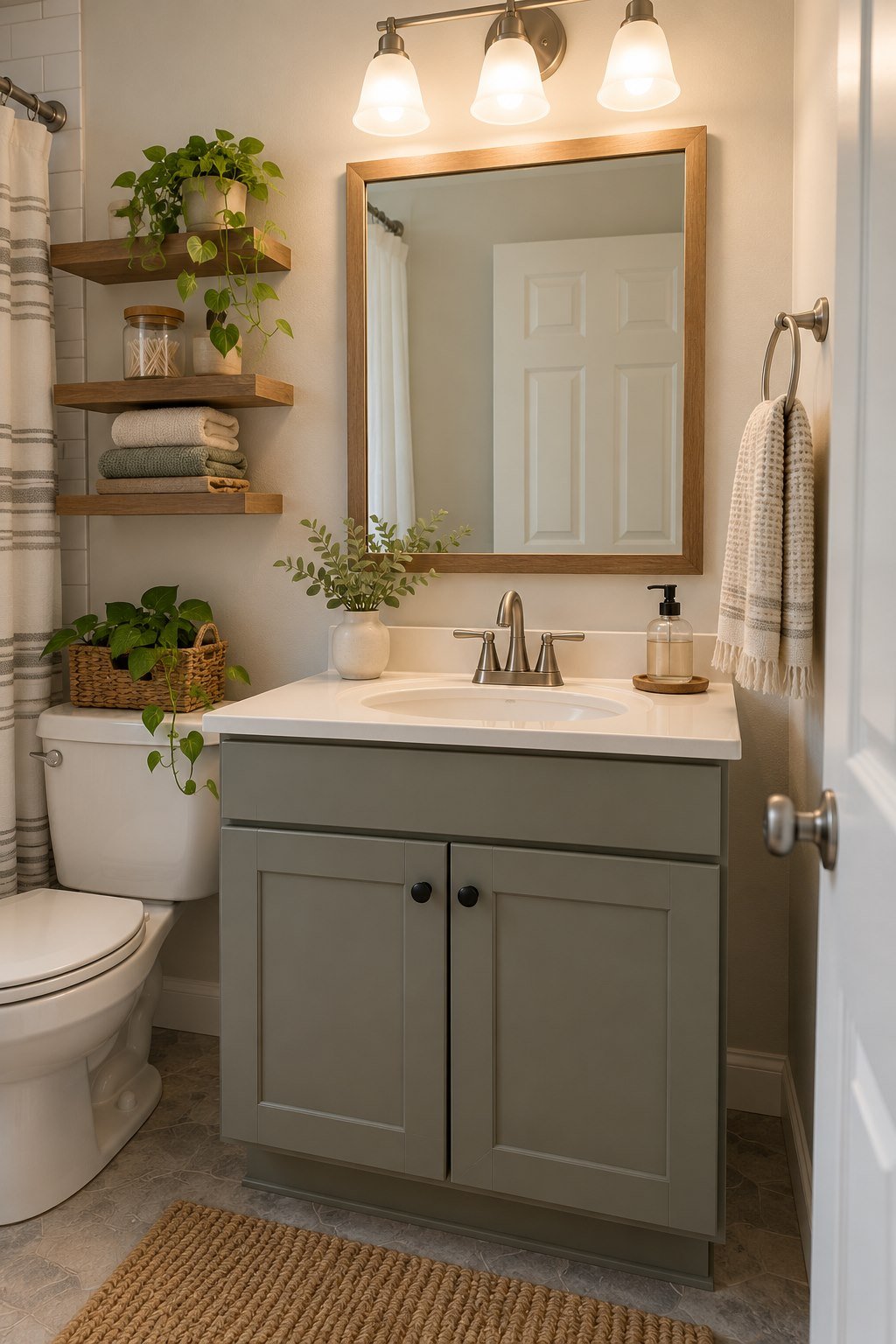 Existing frosted vanity lighting above a bathroom mirror
