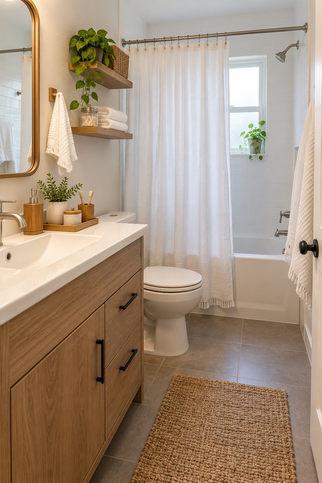 Wood-look sink accessories with simple white linens