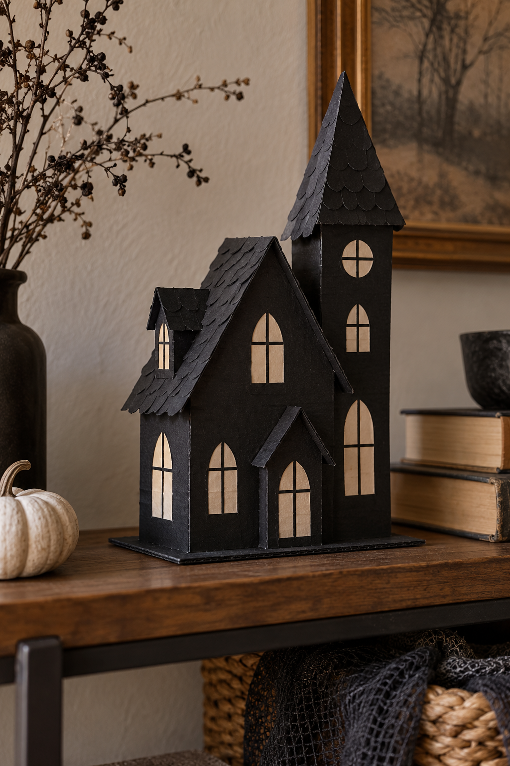 Handmade cardboard haunted house on an indoor shelf