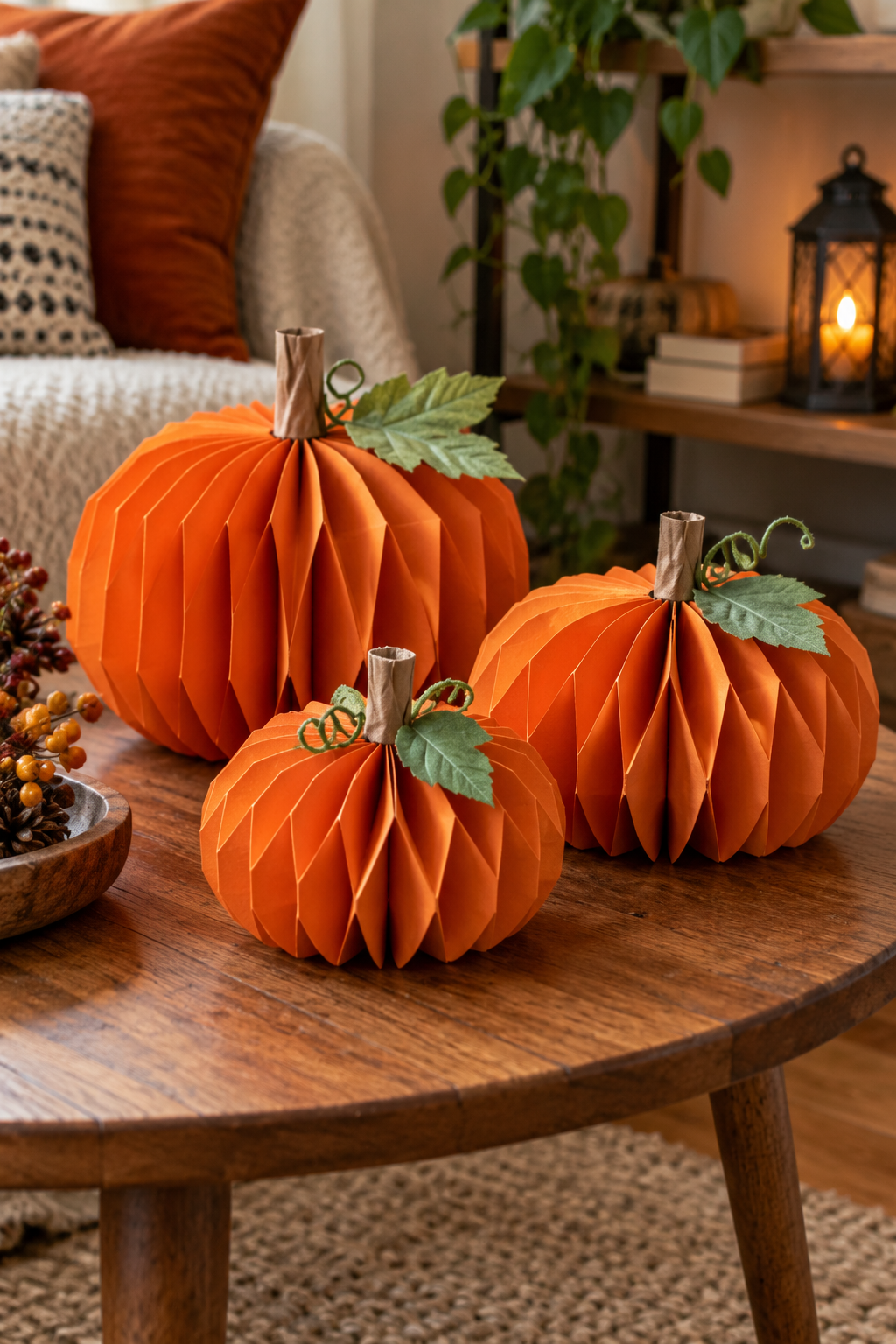 Three handmade orange paper pumpkins on a wooden table