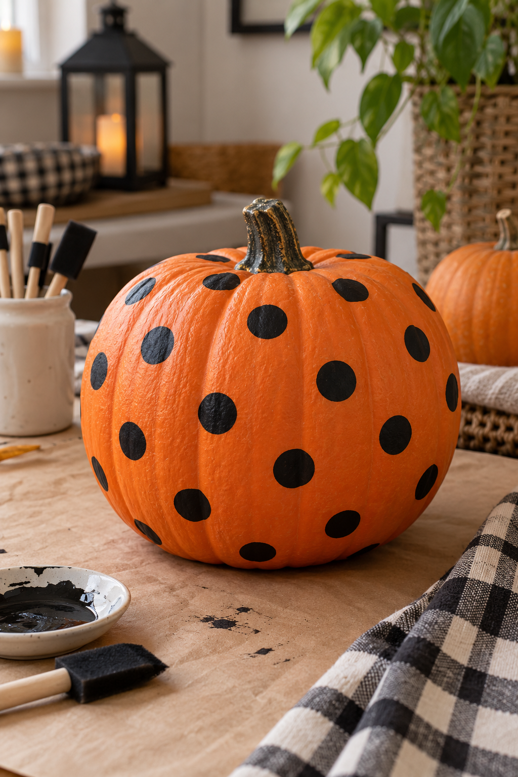Orange faux pumpkin decorated with black painted dots