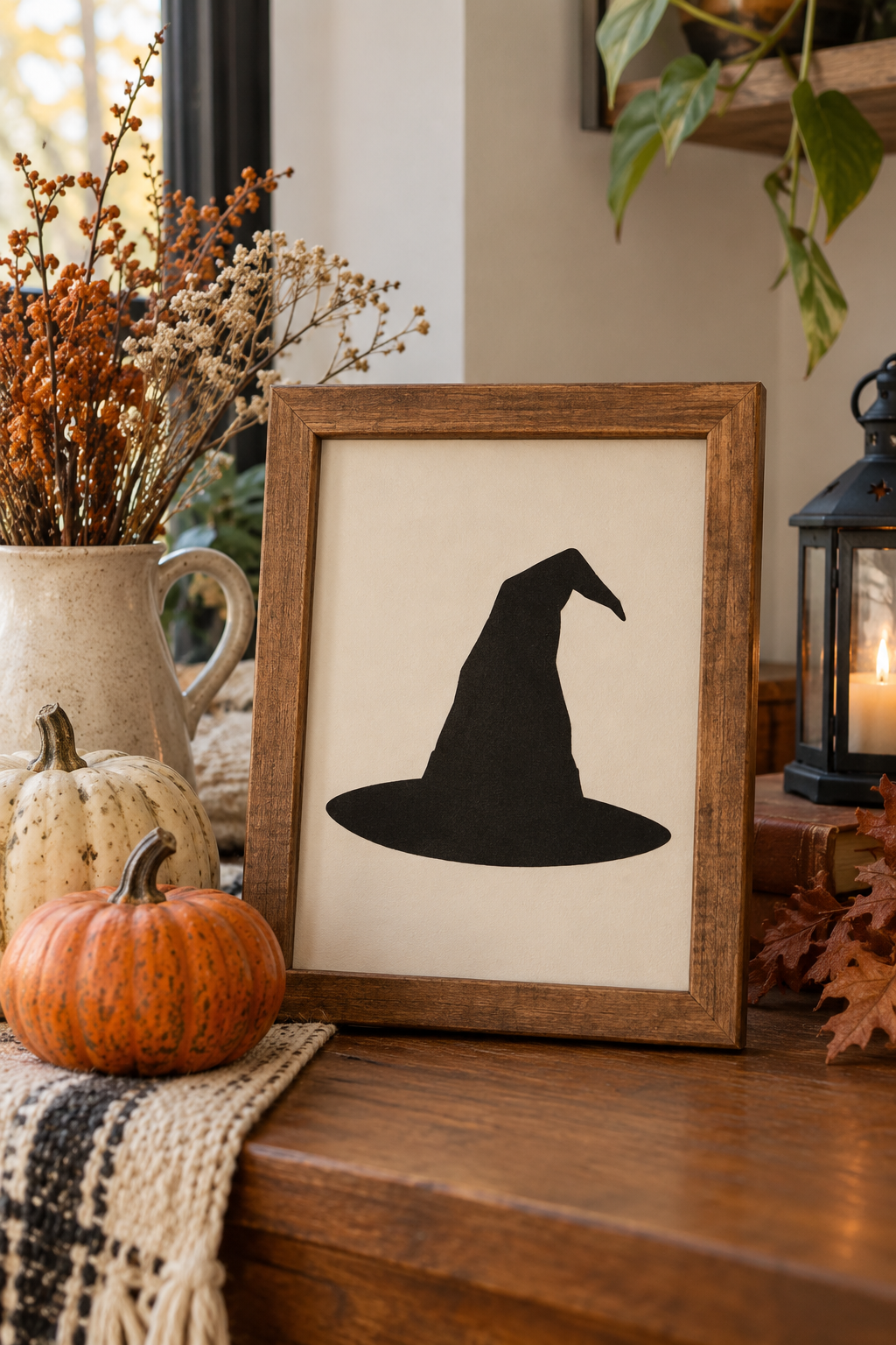 Black witch hat paper silhouette in a reused frame