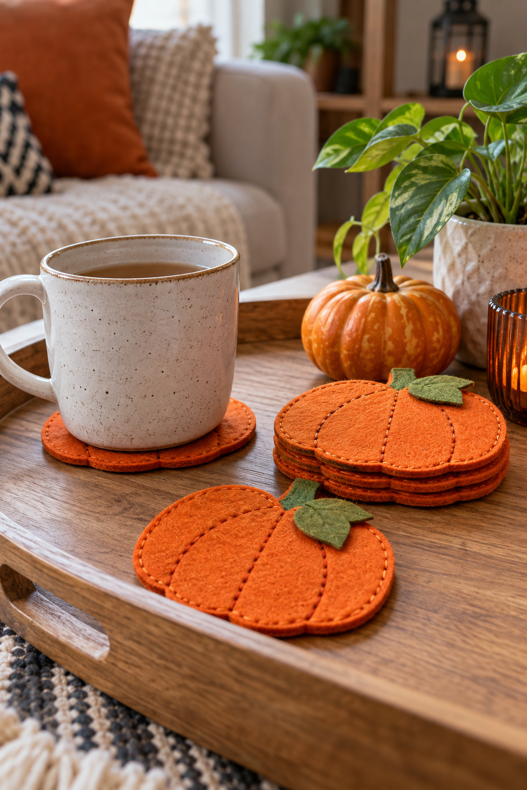 Handmade felt pumpkin shaped decorative coasters