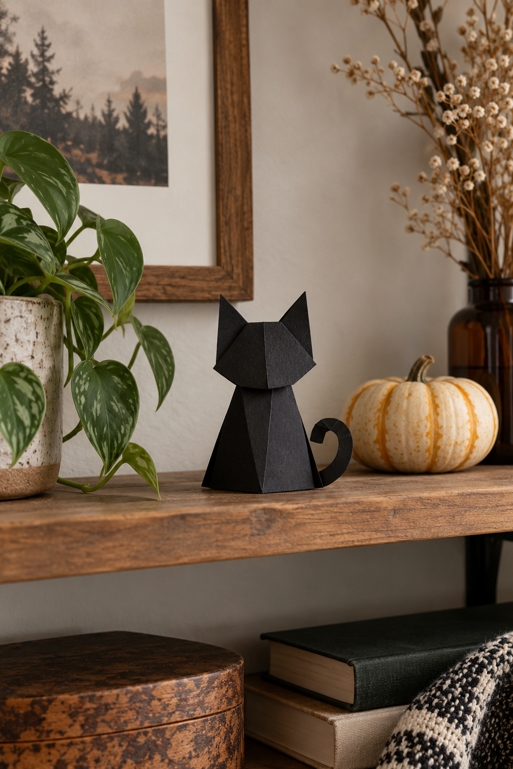 Folded black paper cat standing on a shelf