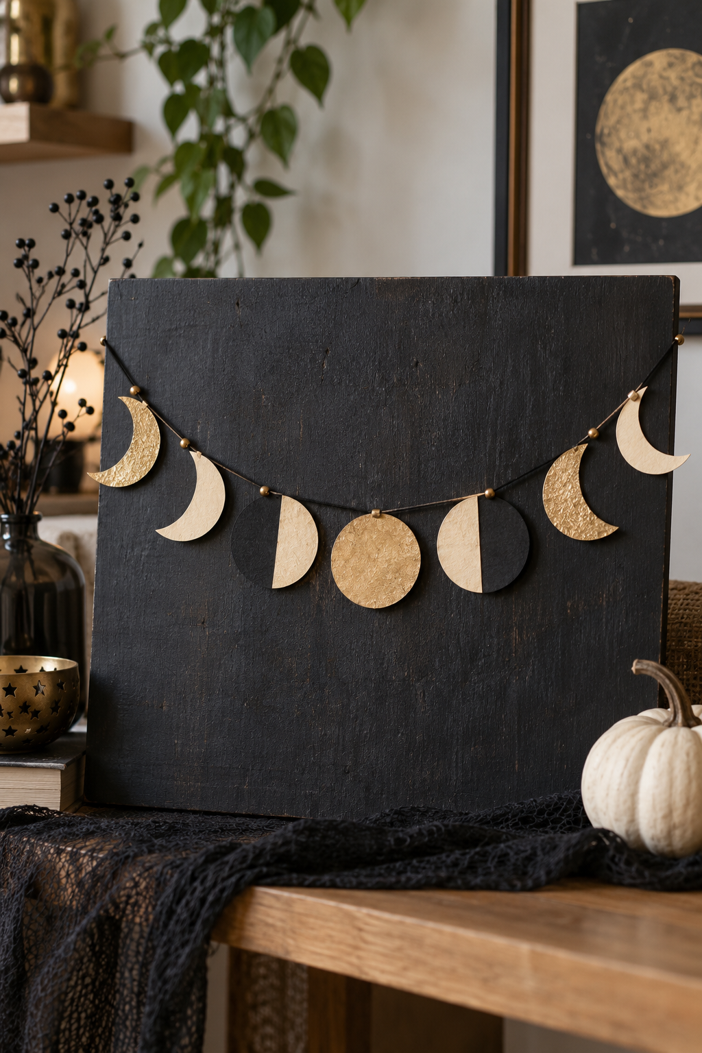 Short paper moon garland on a freestanding board
