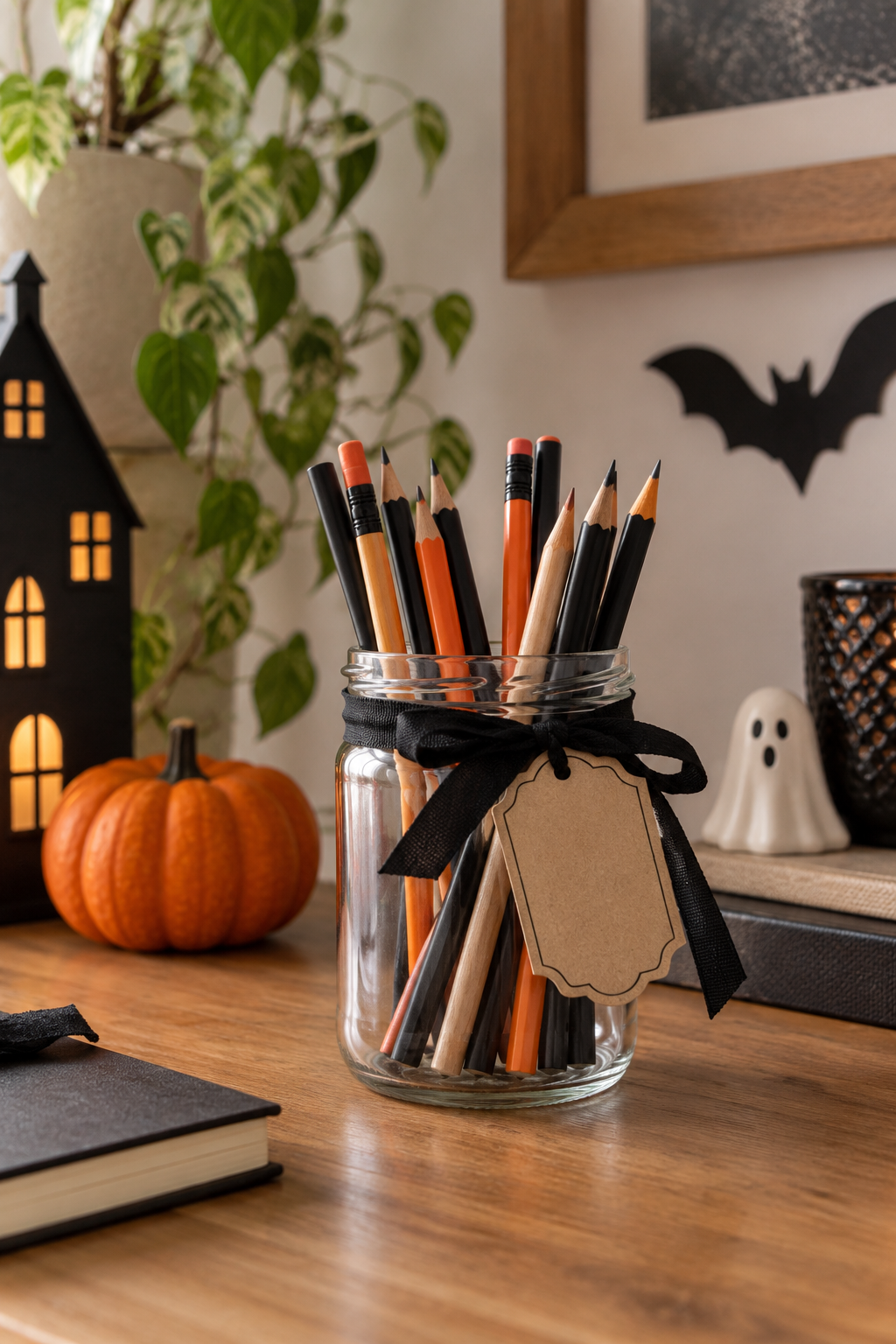 Clean glass pencil jar with a black ribbon and paper tag