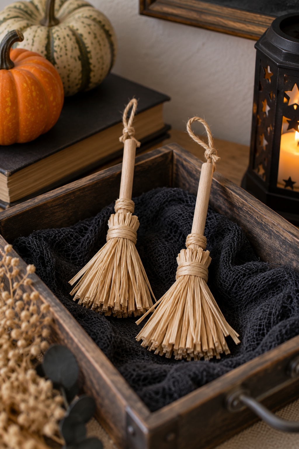 Miniature raffia broom ornaments lying in a shallow tray