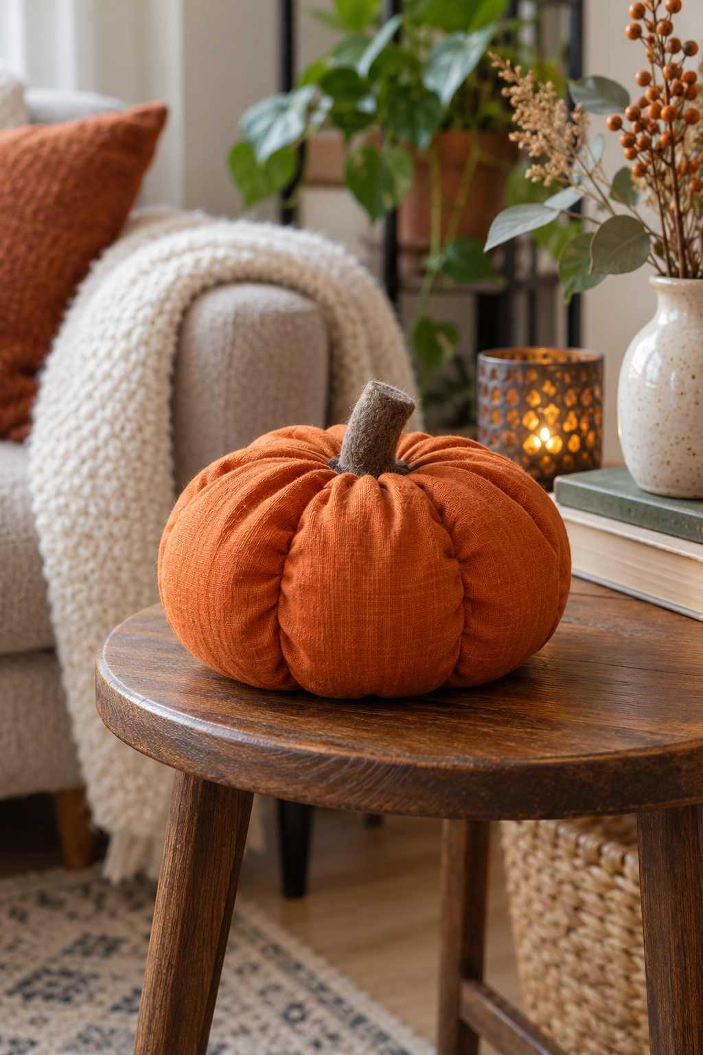 Soft handmade orange fabric pumpkin on a side table