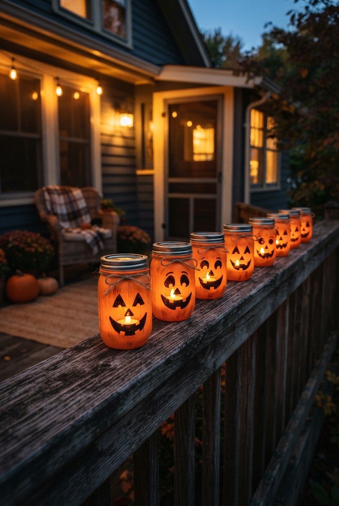 Painted mason jar luminaries with jack-o'-lantern faces glowing at night