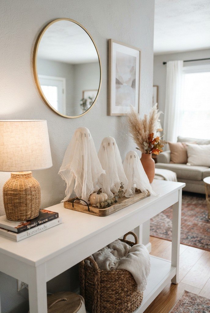 Handmade cheesecloth ghosts standing on a white table