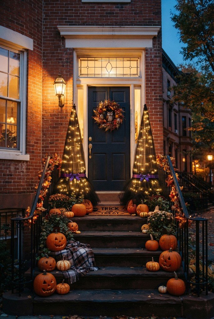 Tomato cage witch hat wrapped in lights and tulle on a porch