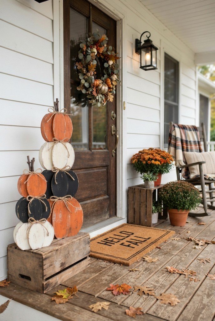 Painted scrap wood pumpkin stacks on a porch
