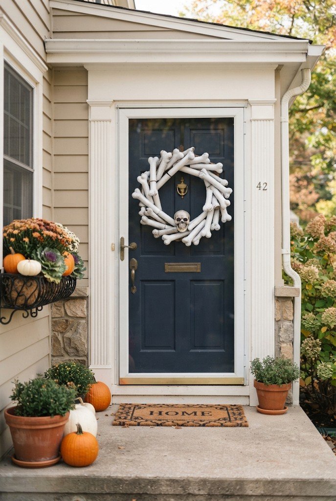 Bone wreath made from pool noodles hanging on a dark door