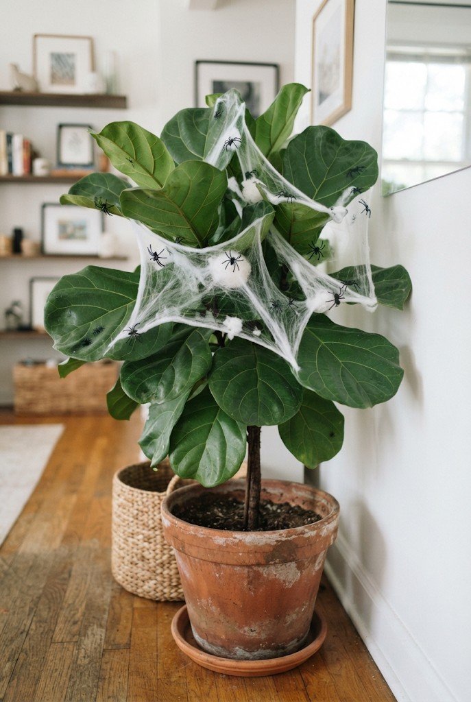 Cotton spider egg sacs with small spiders tucked into a houseplant