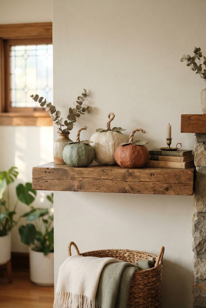 Handmade paper mache pumpkins painted in muted colors on a shelf