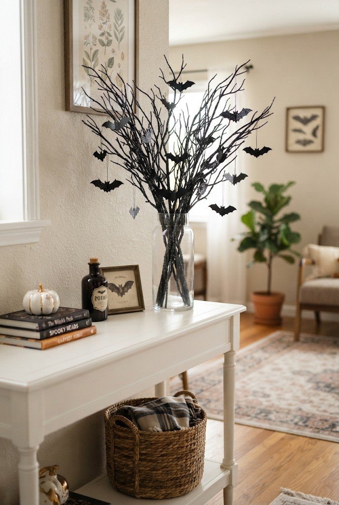 Black glitter branches in a tall vase on a console