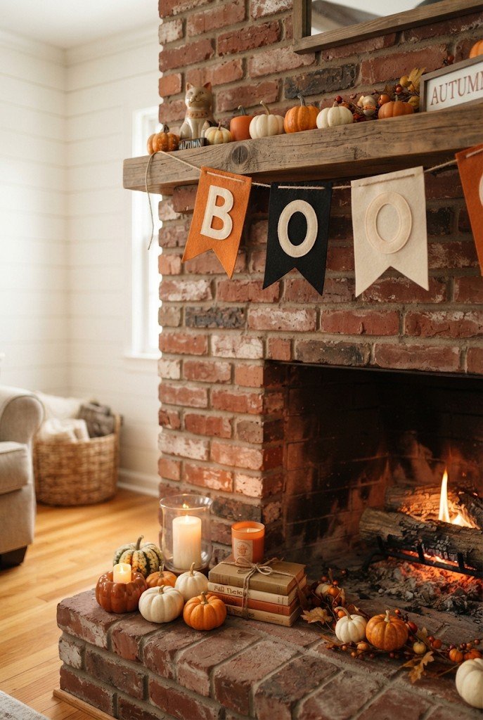 Felt Halloween banner hanging across a mantel