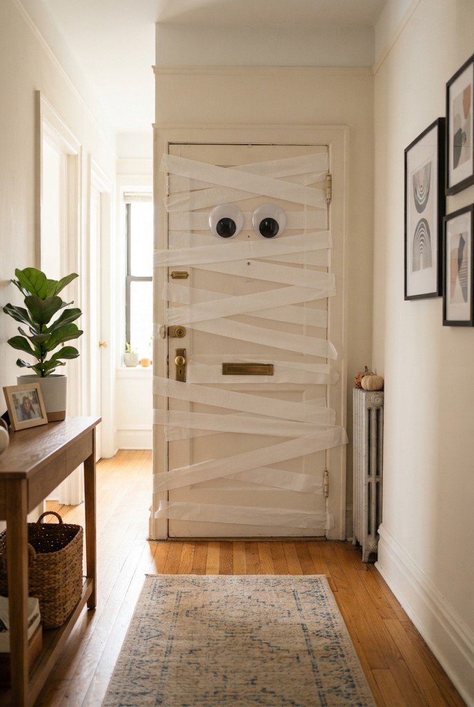 Apartment door wrapped like a mummy with white crepe paper and eyes