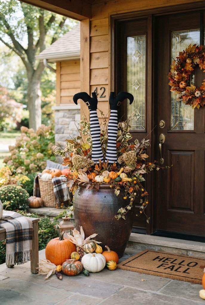 Stuffed witch legs with striped tights sticking out of a planter