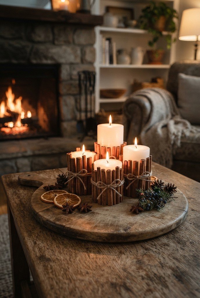 Pillar candles wrapped in cinnamon sticks and twine