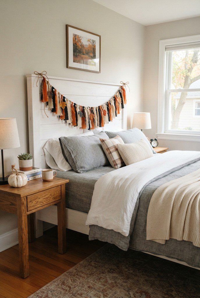 Fabric rag garland in orange, black and cream draped on a bed headboard