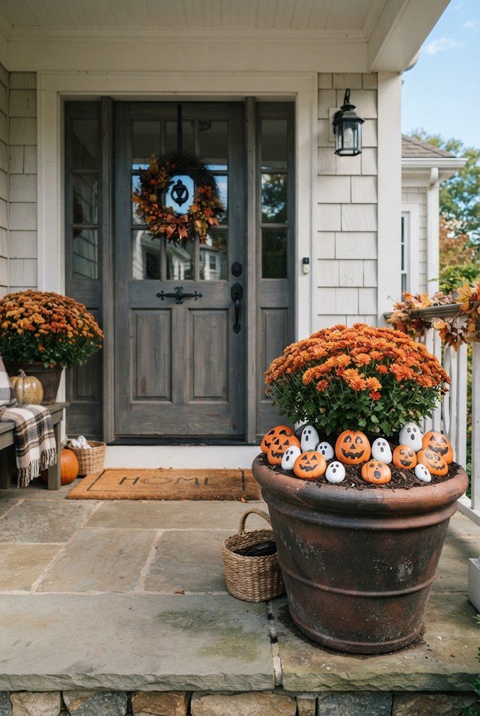 Painted rock jack-o'-lanterns lined up in a planter by a door