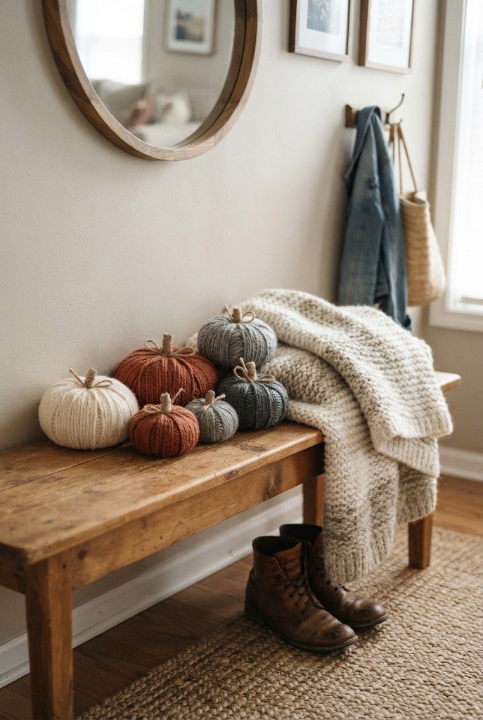 Yarn-wrapped mini pumpkins in neutral colors on a bench