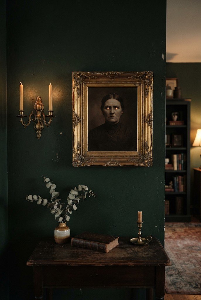 Thrifted ornate frame with a haunted vintage portrait on a dark wall