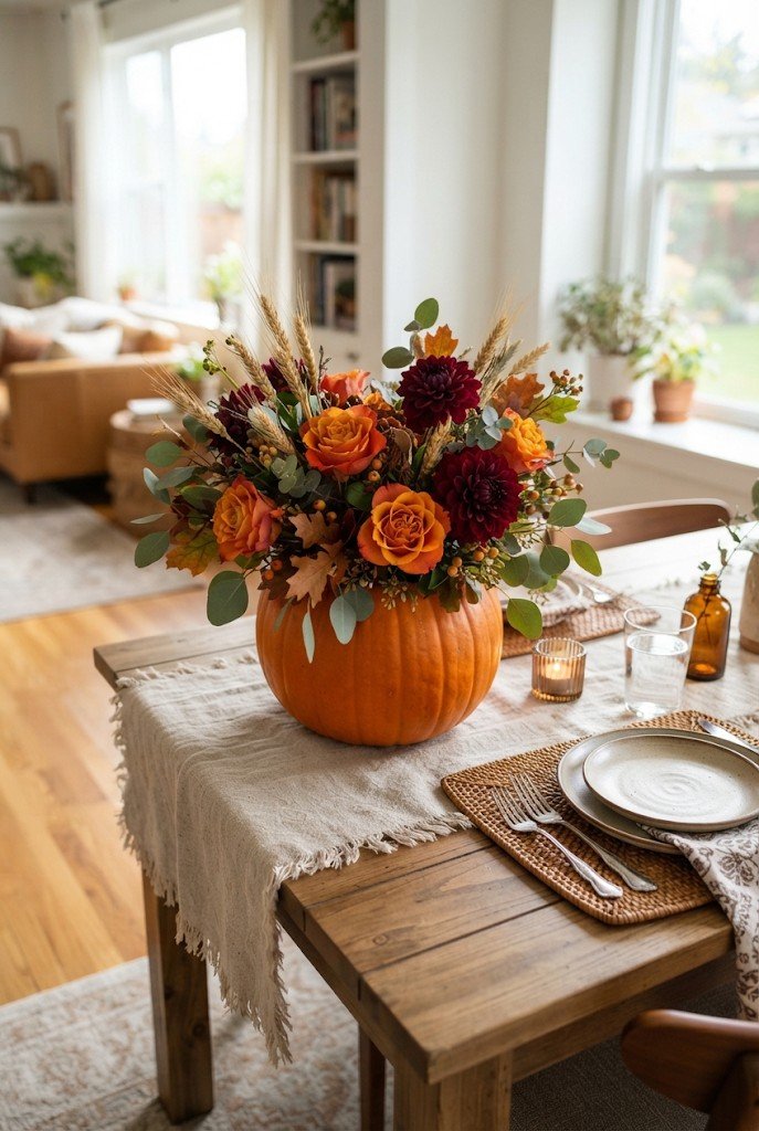 Hollowed pumpkin used as a vase for fall flowers