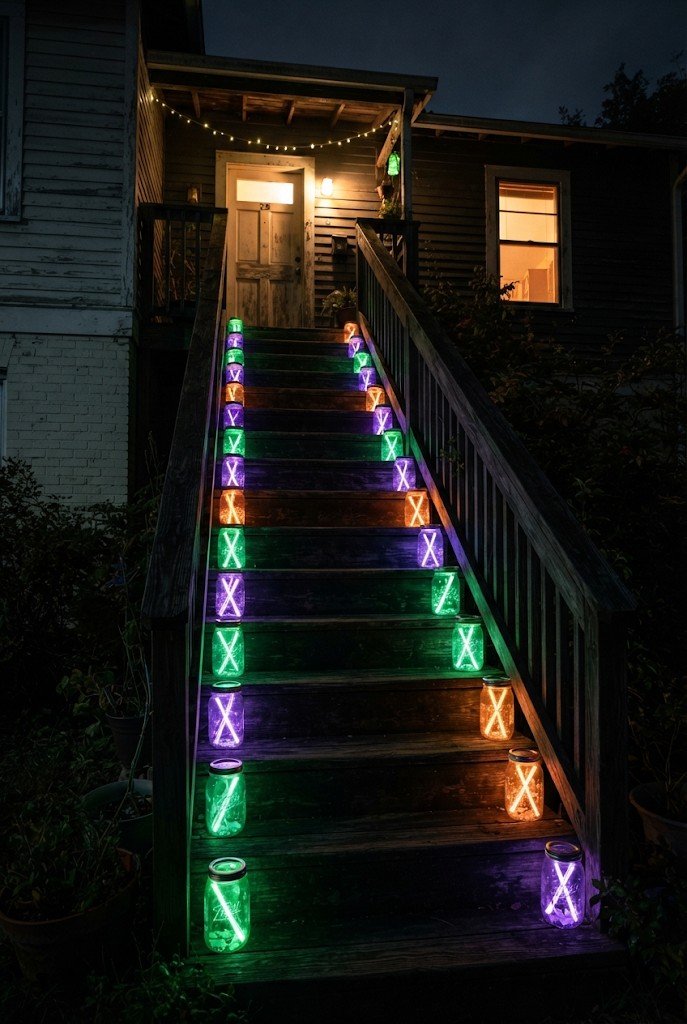 Glow stick jars glowing green and purple on outdoor stairs at night