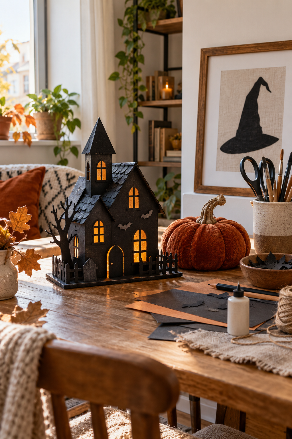 Halloween craft table with a miniature house fabric pumpkin and framed silhouette