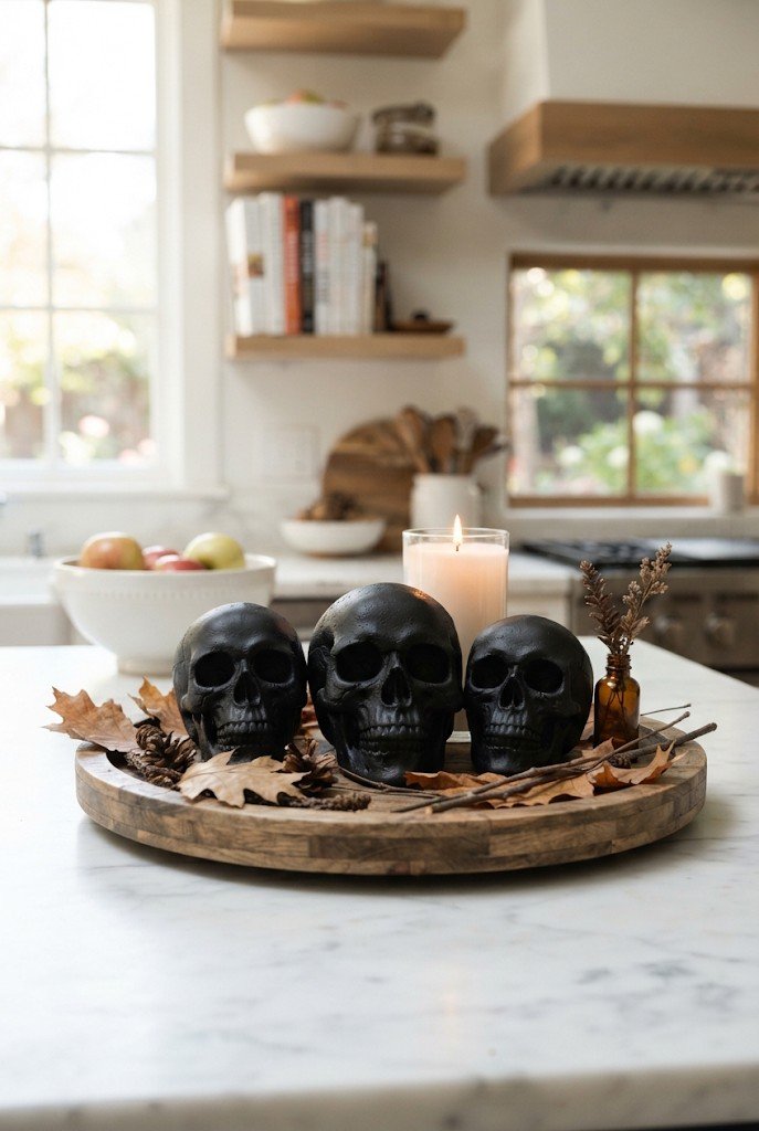 Matte black painted skulls grouped on a tray with a candle
