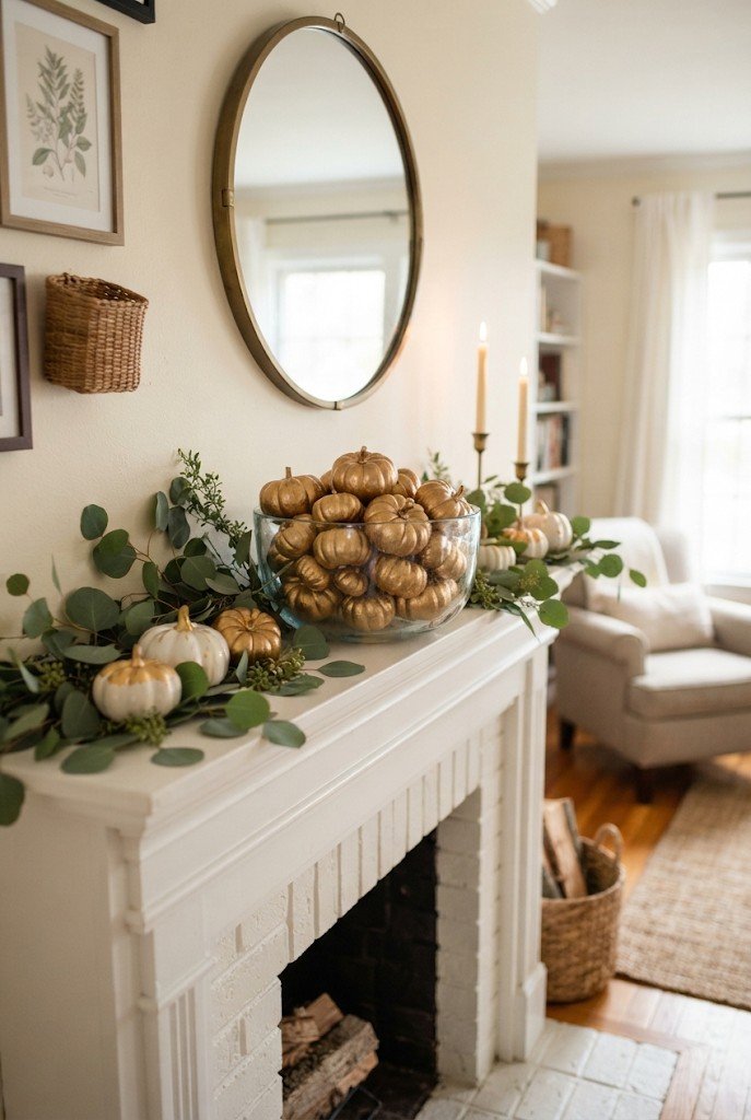 Gold painted foam mini pumpkins in a glass bowl