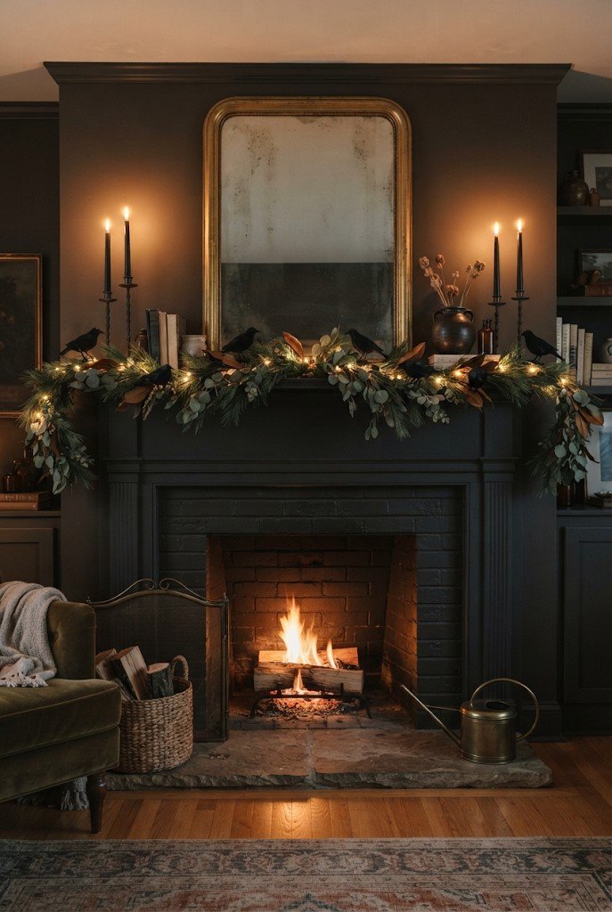 Black crows clipped to a faux greenery garland on a mantel