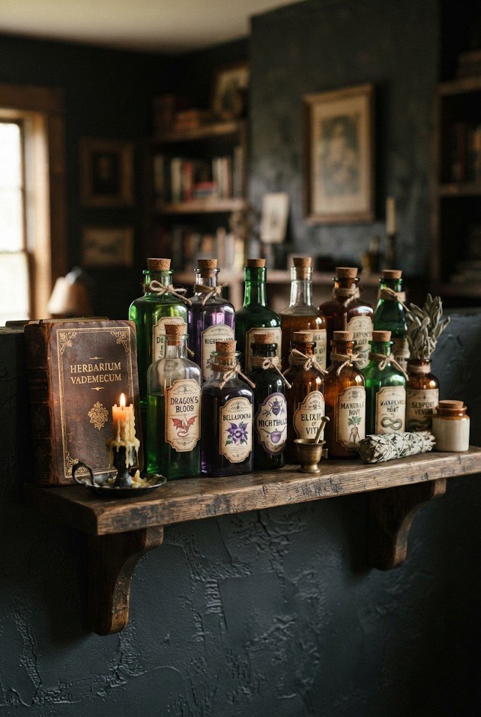 Glass potion bottles with vintage labels on a shelf